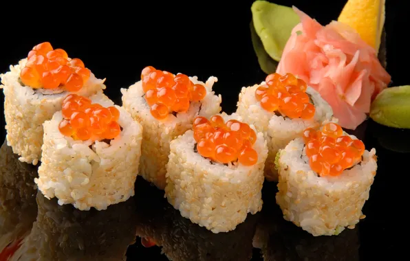 Picture lemon, figure, red, caviar, sushi, rolls, wasabi