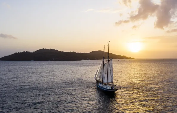 The sky, the sun, Islands, the ocean, ship, sailboat, morning, top