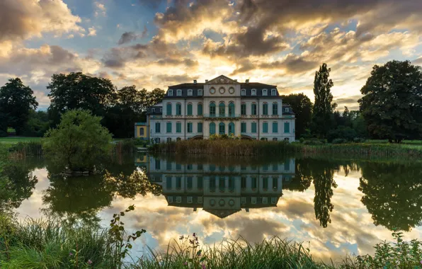 Clouds, trees, house, reflection, pond