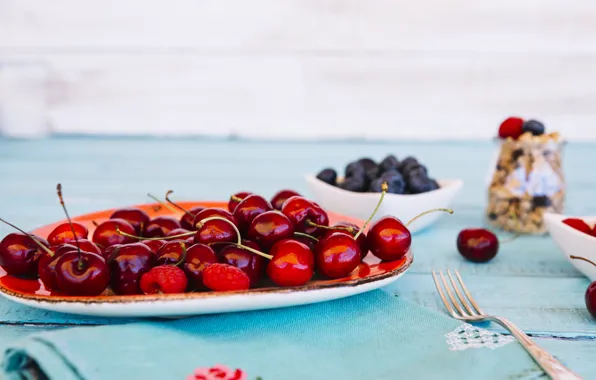 Breakfast, blueberries, plate, cherry, granola
