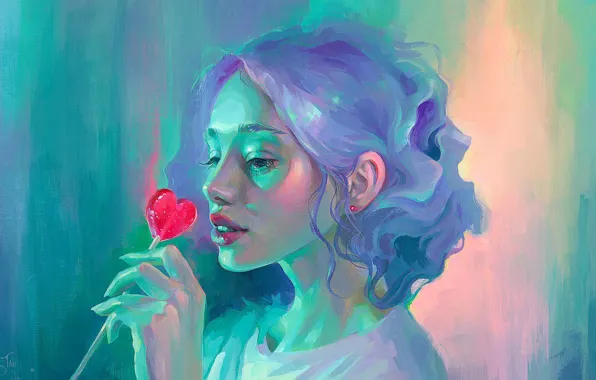 Girl, Hand, Hair, Lollipop, Art, Valentine's day, Heart, 14 Feb