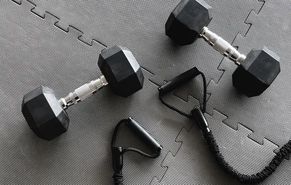 Gym, dumbbells, padded floor