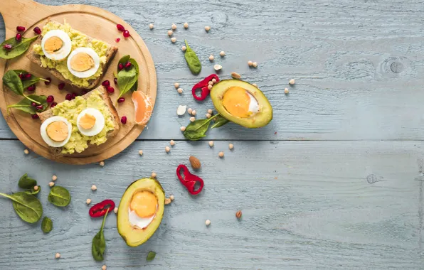 Food, bread, toast, sandwiches, egg, avocado, cutting Board, toasted