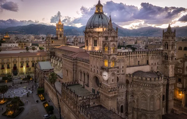 Clouds, mountains, the city, lights, Gothic, street, watch, building