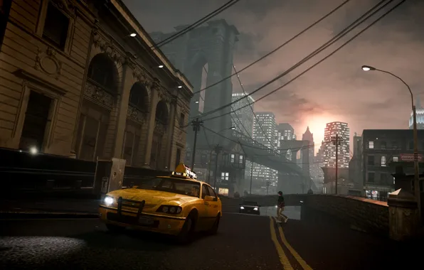 Sunset, bridge, rain, the evening, taxi, new York, Grand Theft Auto IV