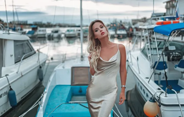 Picture girl, pose, yachts, figure, dress, blonde, boats, Gregory Levin