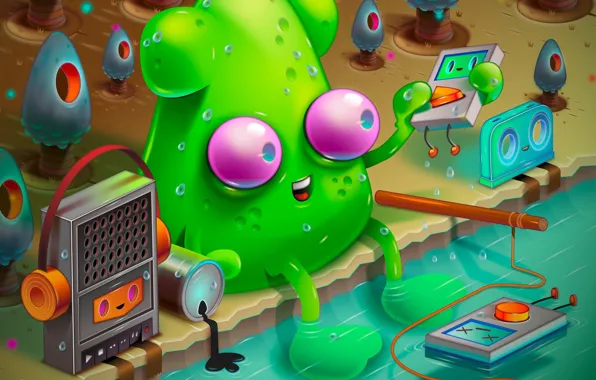 Green, headphones, paint, player, radio