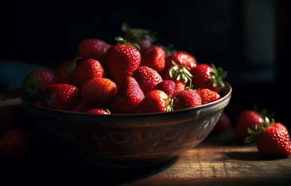 Light, berries, the dark background, rendering, table, strawberry, bowl, still life