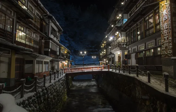 Picture winter, snow, night, home, Japan, lighting, lights, the bridge