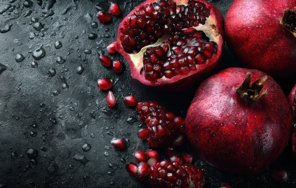 Drops, the dark background, table, placer, grenades, garnet, pomegranate grains, AI art
