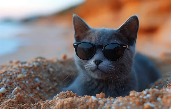 Sand, sea, cat, beach, pose, kitty, grey, rocks