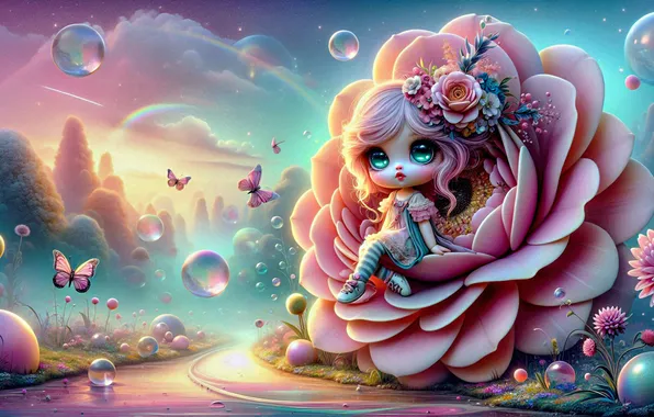 Flower, the sky, clouds, butterfly, flowers, tale, bubbles, girl