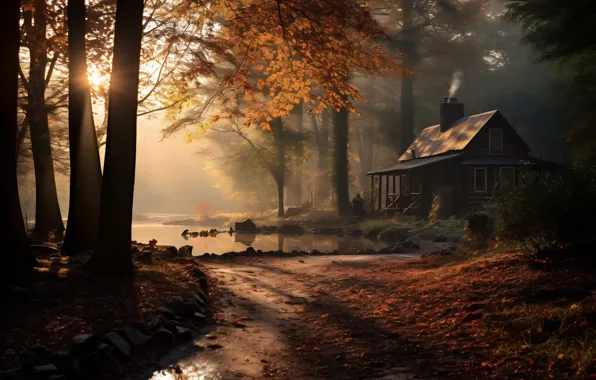 Autumn, forest, the sun, light, trees, fog, house, Park