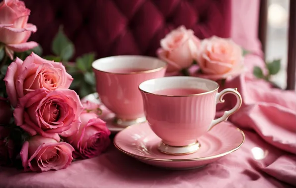 Flowers, tea, roses, bouquet, Cup, AI art, neural network