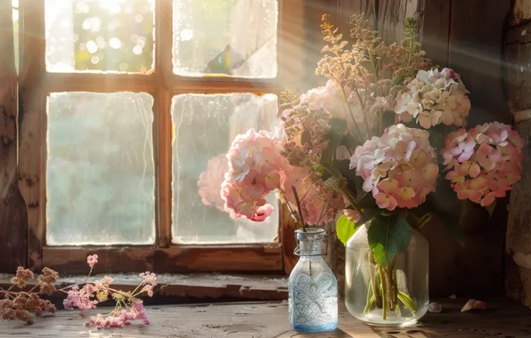 Flowers, bouquet, window, Bank, hydrangea, AI art, neural network