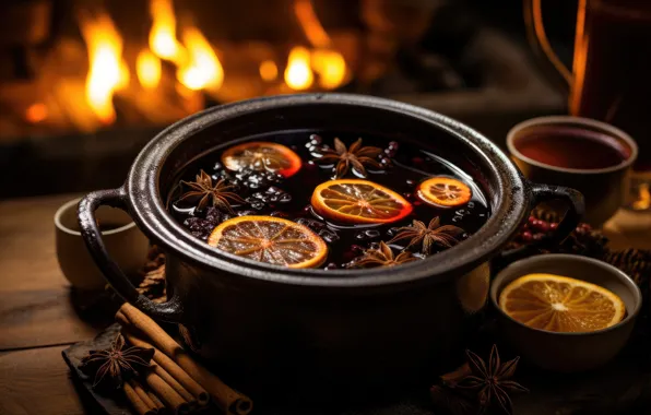 The dark background, table, oranges, Christmas, New year, pan, drink, cinnamon