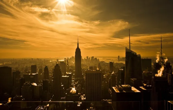 The sun, the city, bright, New York, from the height of bird flight