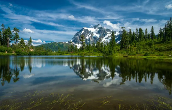Trees, mountains, lake, reflection, Mountain Shuksan, The cascade mountains, Washington State, Cascade Range