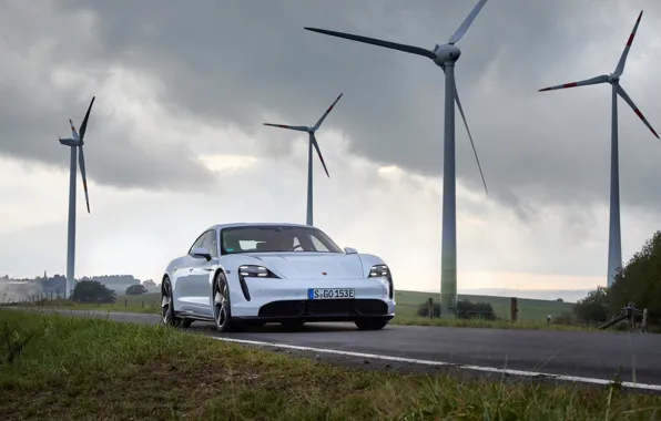 Road, Porsche, Turbo S, 2020, Taycan, wind power