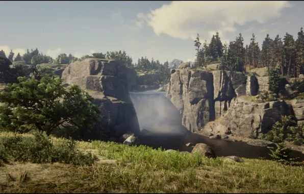 HDR, Nature, Wood, Landscape, Waterfall, Game, Weather, Red Dead Redemption 2