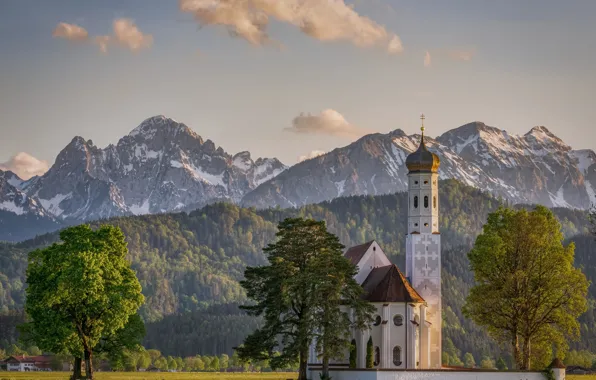 Trees, mountains, Germany, Bayern, Alps, Church, Germany, Bavaria