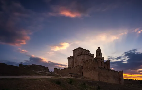 Picture the sky, clouds, sunset, castle, hills, view, architecture, vintage