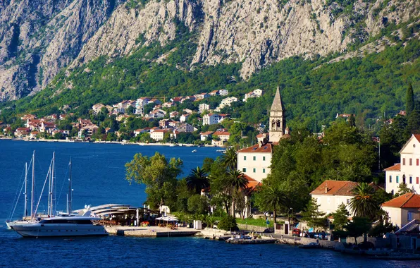 Trees, mountains, rocks, shore, home, yacht, pier, Bay