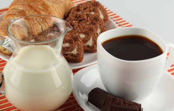 Picture coffee, chocolate, milk, cakes, croissant