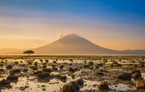 The sky, water, trees, mountains, stones