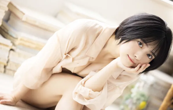 Beautiful, Asian, Model, pretty, Woman, Library, Shorthair, Books