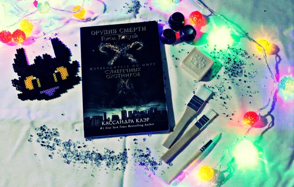 Fragments, new year, book, glass, garland, brush, brush, book