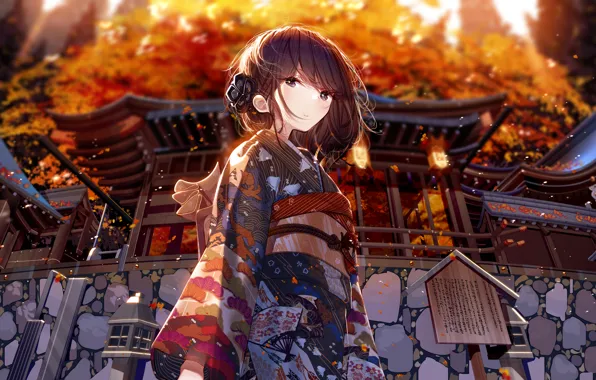 Japan, temple, flower in hair, stone wall, looking down, a girl in a kimono, by …