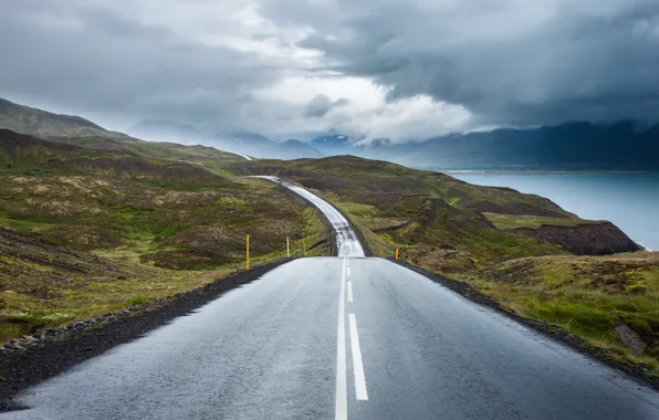 Wallpaper storm, lake, mountains, road