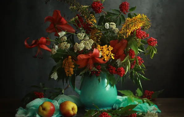 Leaves, flowers, berries, table, Lily, food, bouquet, yellow
