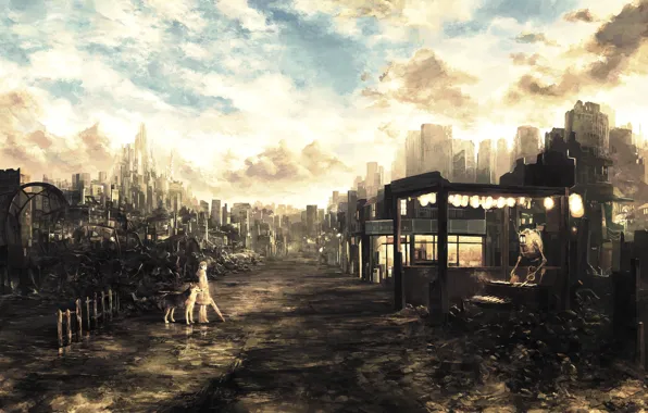 Road, future, robot, dog, umbrella, art, girl, ruins