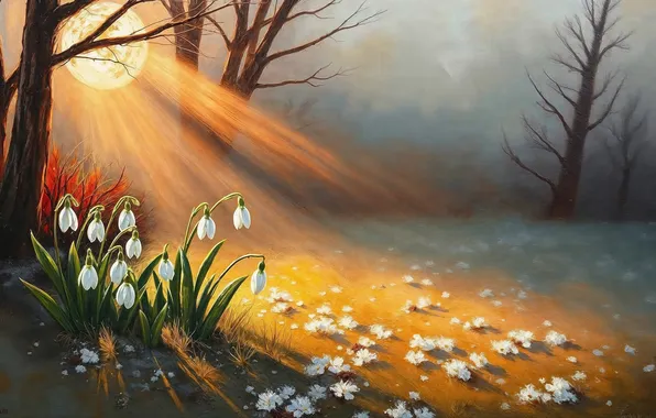 The sun, rays, light, trees, flowers, branches, fog, glade