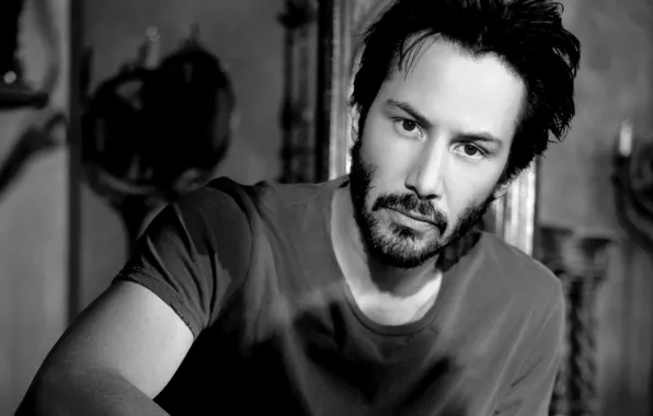 Picture actor, Keanu Reeves, black-and-white background, Keanu Reeves