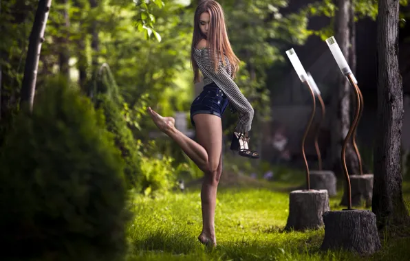 Lights, girl, grass, Model, shorts, long hair, legs, trees