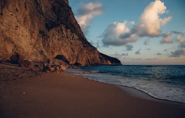 Sand, sea, clouds, sunset, stones, rocks, coast, horizon