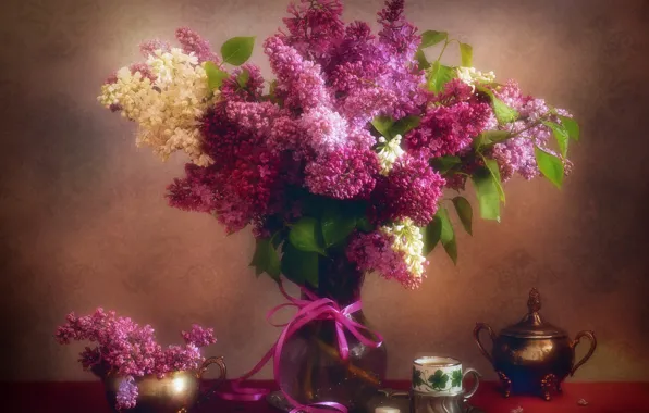 Flowers, metal, tea, bouquet, Cup, dishes, white, vase