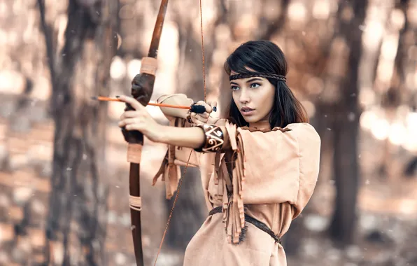 Picture girl, bow, arrow, Alessandro Di Cicco, Native Hunter