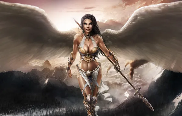 Chest, girl, mountains, body, tummy, wings, beauty, angel