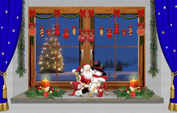 Christmas, candles, snowman, Santa Claus, design