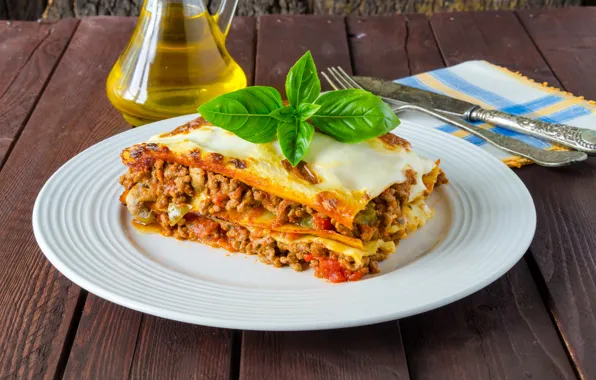 Plate, meat, vegetables, meat, second dishes, lasagna