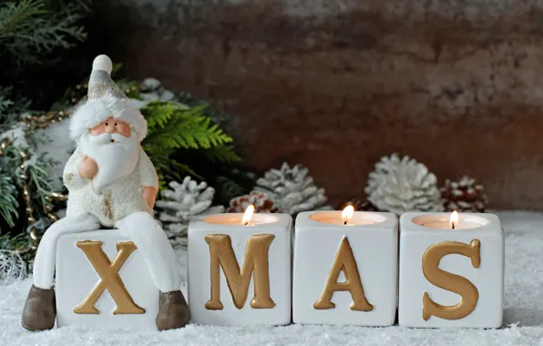 New year, candles, Santa Claus, bumps, decor, fir-tree branches