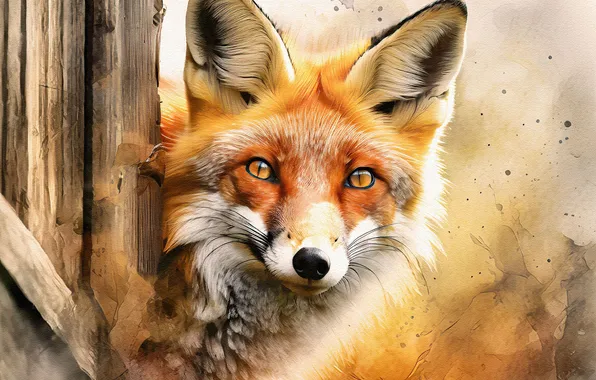 Look, Board, the fence, portrait, Fox, painting, imitation painting, AI art