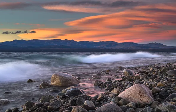 Wave, mountains, stones, shore, the evening, Argentina, Patagonia
