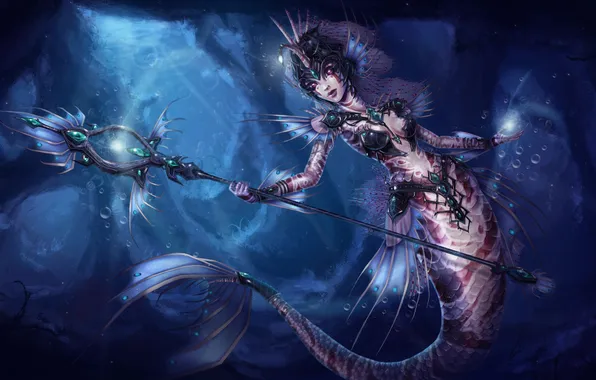 Girl, mermaid, art, tail, staff, under water, League of legends, Nami