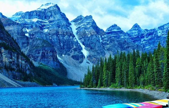 Forest, trees, mountains, lake, rocks, shore, boats, pier