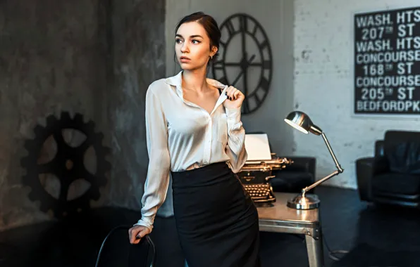 Picture girl, skirt, blouse, office, typewriter, Dasha, Dashuta Berezina